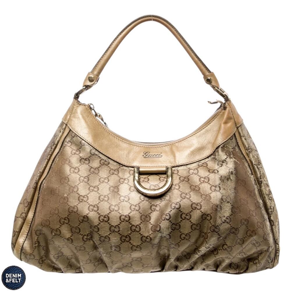 Gucci Gold Brown GG Crystal Canvas Leather D Ring Hobo Shoulder‎ Bag Purse Tote
